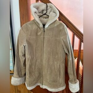 Vintage Genuine Leather Tan Jacket with Faux Fur Hood warm cozy winter women’s M